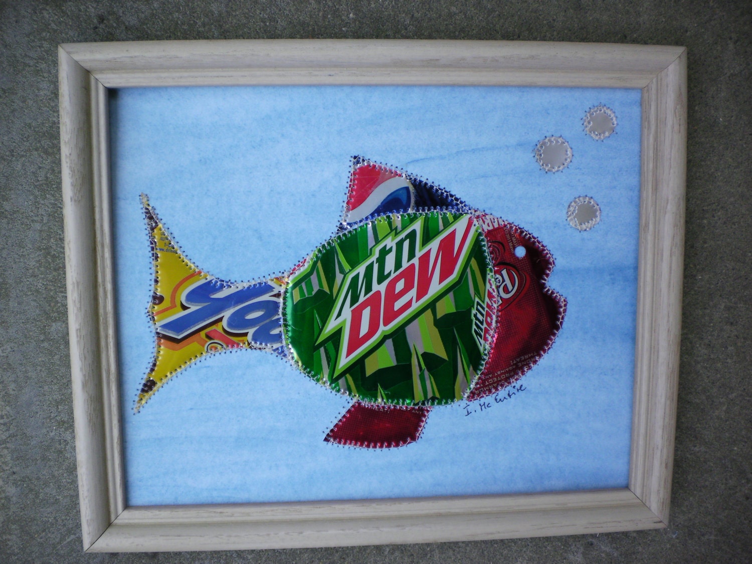FISH  Mt Dew original 8 x 10 Recycled Soda Pop Can Art Collage   Aluminum  Eco Friendly