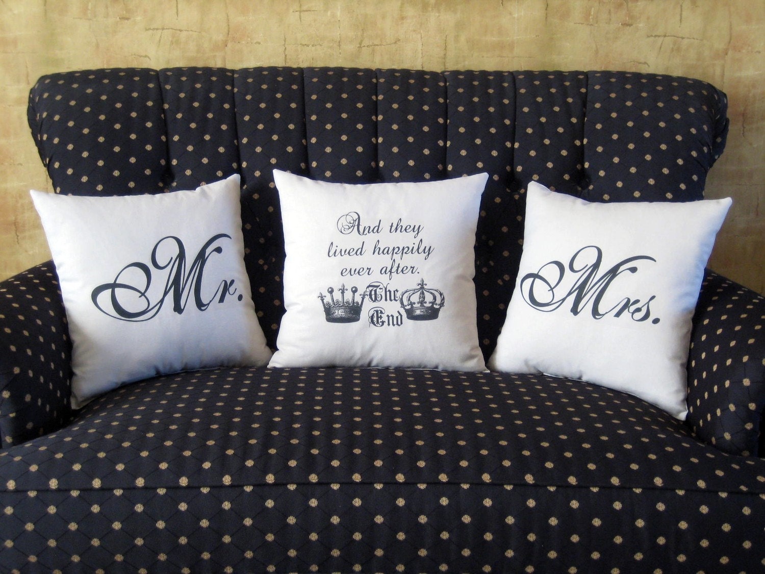 Pillow Set Trio for Newlyweds and Happily Married Couples, Mr. and Mrs. Pillows plus Fairy Tale Ending Pillow