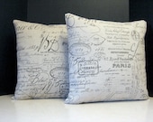 Pillows 18 Inch Pair of French Script Paris Document