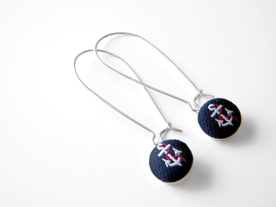 Recycled Necktie Sterling Silver Button Earrings - Navy Anchor Nautical