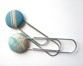 Tiffany Blue, Cream and Gold Recycled Necktie Paperclip / Bookmark Set of 2 - Paisley and Stripe