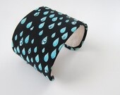 Raindrop Cuff Bracelet Recycled Necktie with Swarovski - Black Aqua 2inch