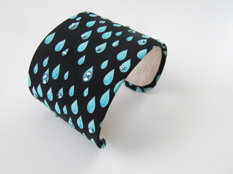 Raindrop Cuff Bracelet Recycled Necktie with Swarovski - Black Aqua 2inch