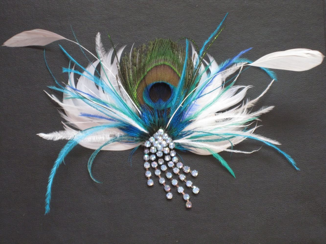 Peacock Feather Fascinator Flower Fan (Made to Order) Rhinestone Vintage Hair Clip Bridal Party Wedding Blue Green Turquoise Bridesmaids