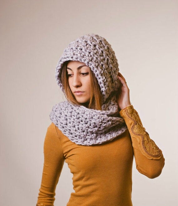 Gray hooded scarf, chunky scarf, gray scarf, pewter, winter, fall, spring, scoodie, mothers day