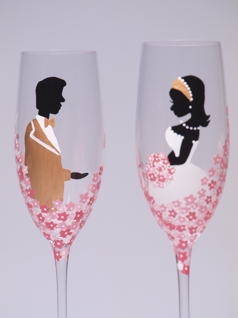 Hand painted Wedding Toasting Flutes Set of 2 Personalized Champagne glasses Caffe Latte and pink roses
