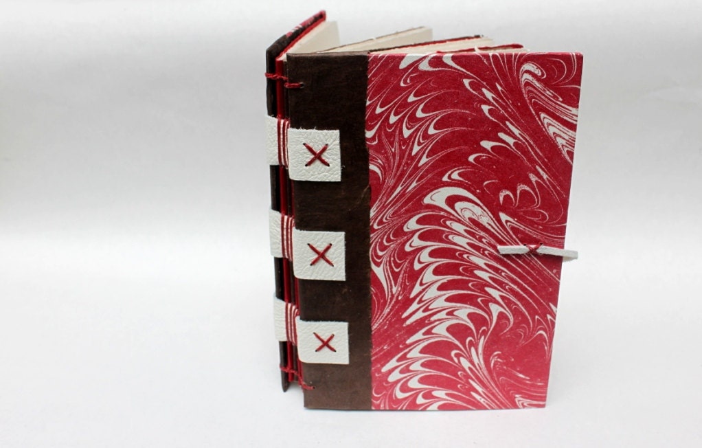 Eco-Friendly Journal or Sketchbook from Recycled Vintage Book Covers - Rebound Upcycled - Marbled Red - Handmade