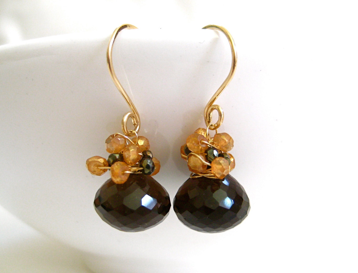 Smokey Quartz Earrings,14k Gold, Orange Citrine, Wire Wrapped, Gold Pyrite, Brown Gemstone, Cluster Earrings, Handmade Jewelry, Elegant Fal