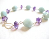 Gemstone Bracelet, Purple Amethyst, Sea Foam Amazonite, Sterling Silver, Wire Wrapped, Handmade Jewelry, At the Shore