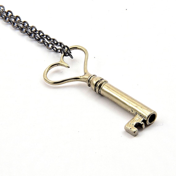 Silver Heart Skeleton Key Necklace Heart Key Pendant Necklace