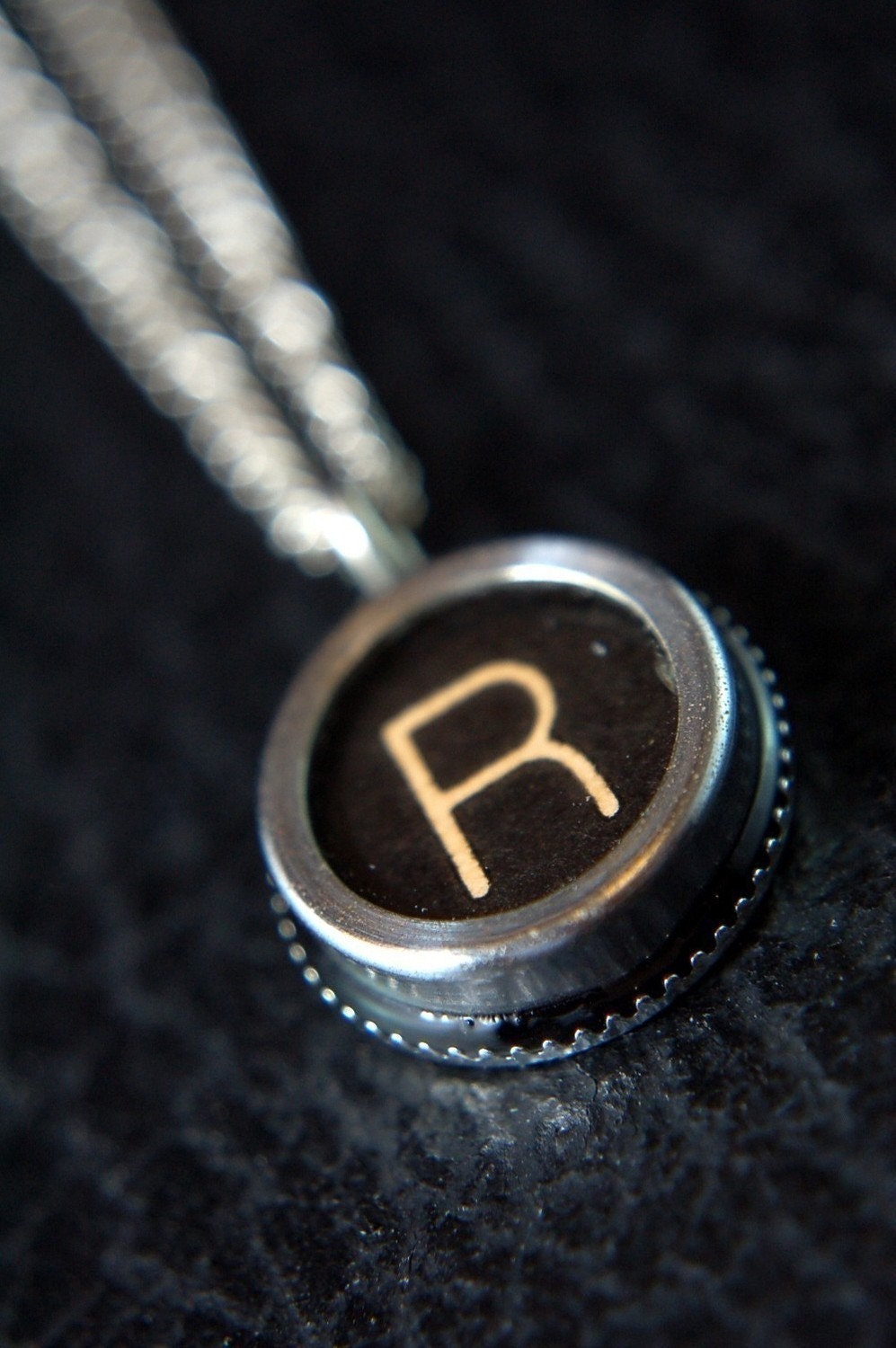 Vintage Typewriter Key Pendant Necklace Charm - Black Silver Rim Glass Top - Letter R - Other Letters Available GDJ