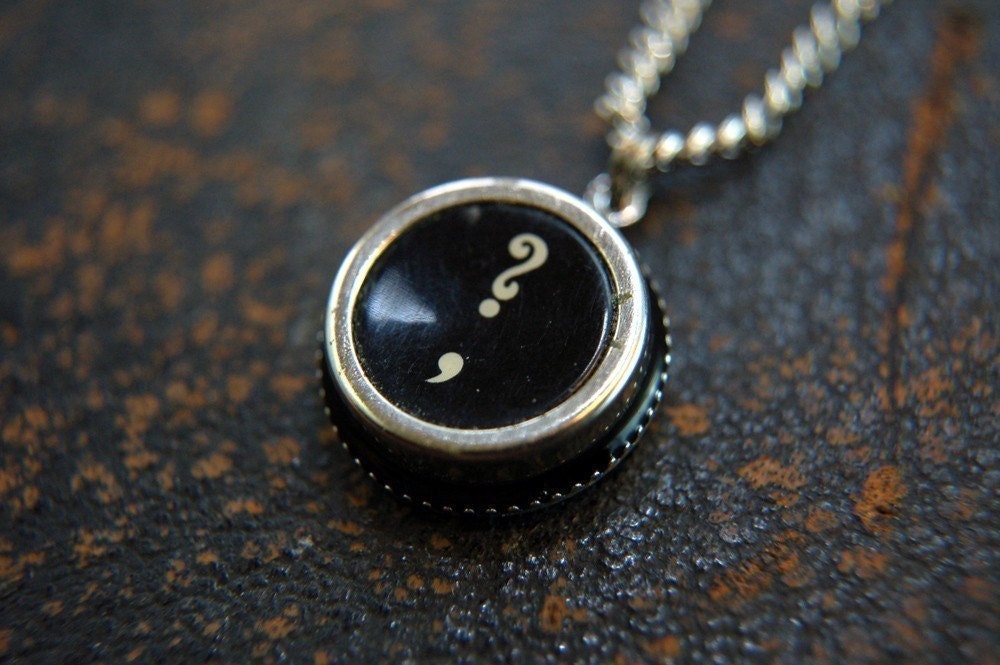 Vintage Typewriter Key Pendant Necklace - Silver Rim Question Mark and Comma - Other Letter and Numbers Available GDJ