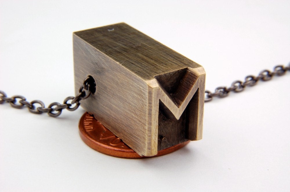 Letter M  Letterpress Necklace - Brass Initial Personalized - Other Letters Available