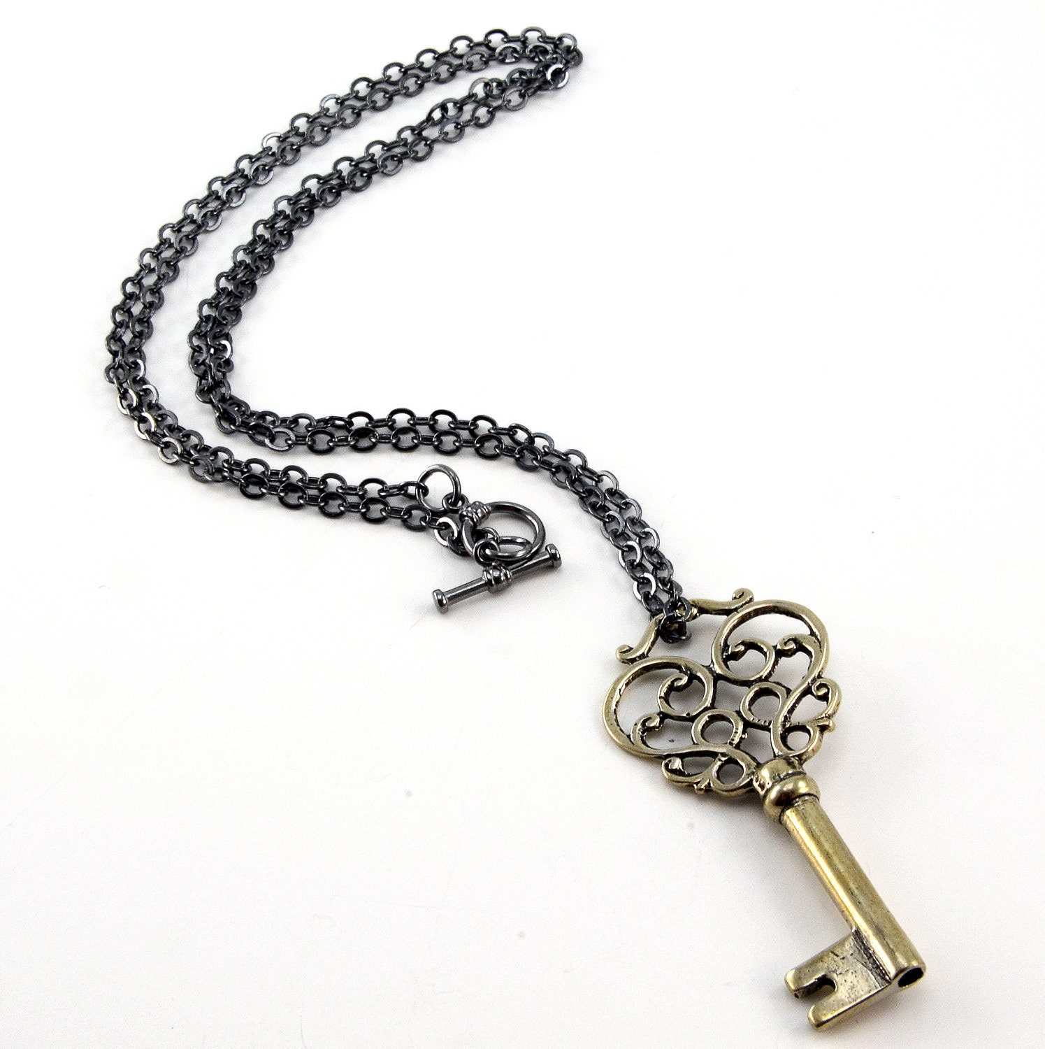Skeleton Key Necklace Solid Silver White Bronze Mustache Key Pendant - Gwen Delicious Jewelry Design
