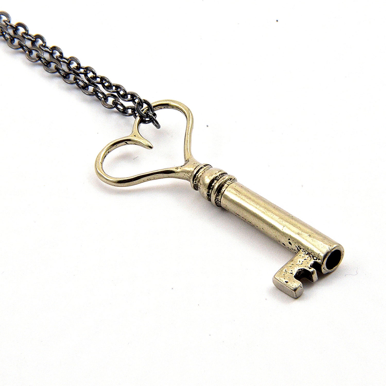 Silver Heart Skeleton Key Necklace Heart Key Pendant Necklace
