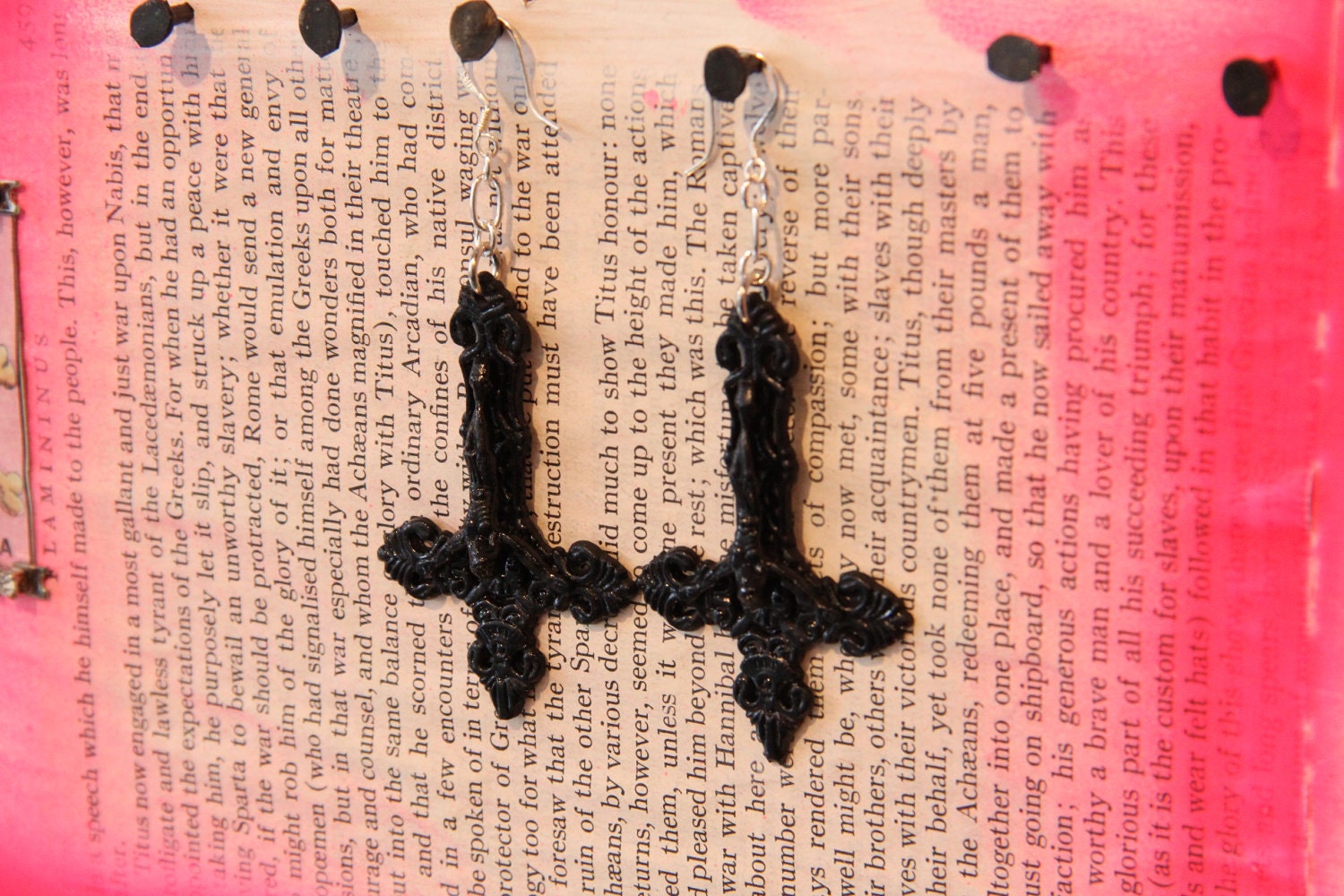 BLACK Inverted Cross Crucifix Earrings SET Sterling Silver earring wire