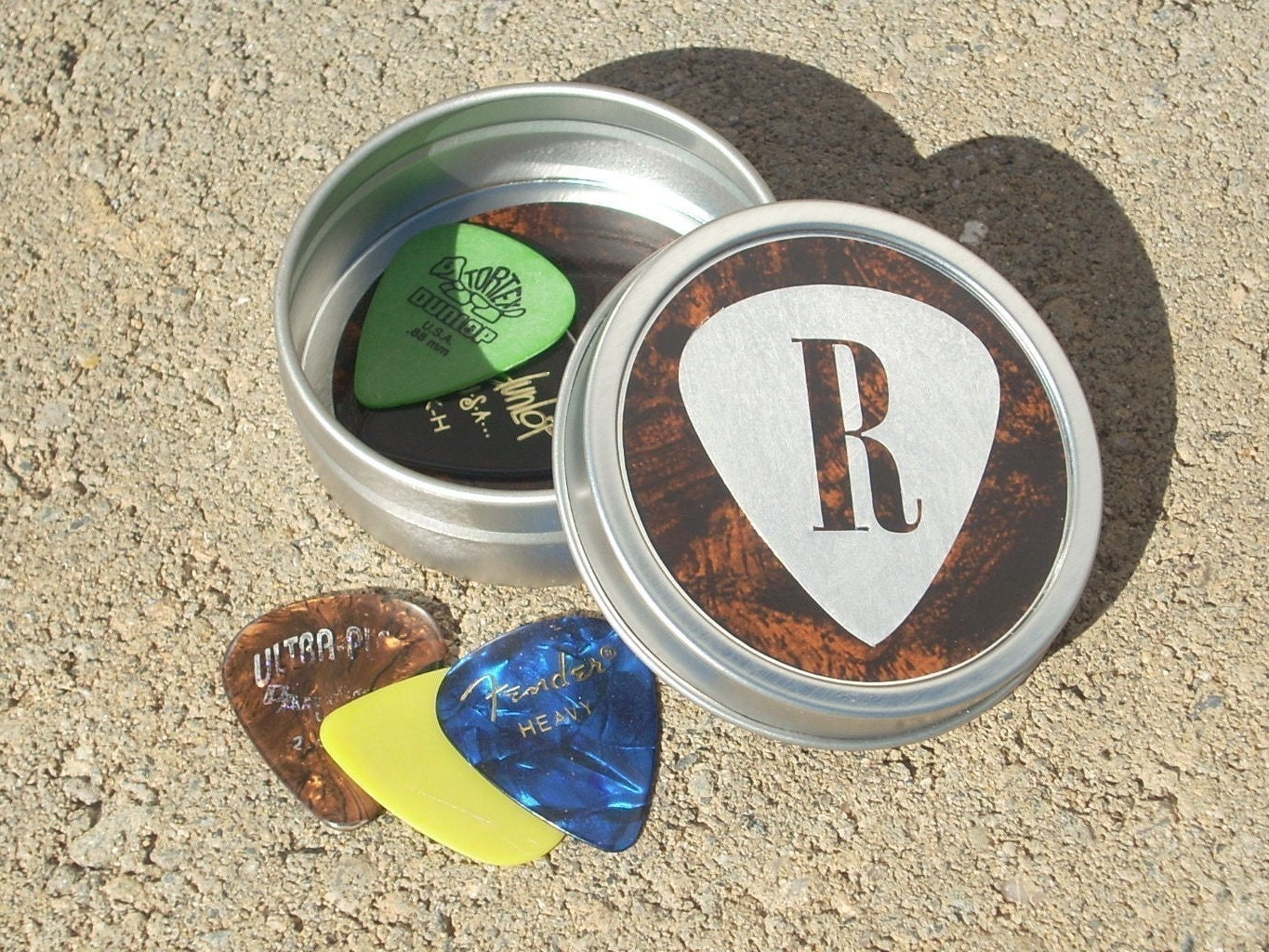 Guitar Pick Holder - Tin with Initial personalized pick design for guitarists and musicians