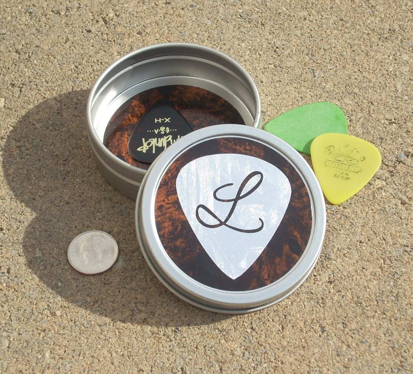 Guitar Pick Tin personalized with script style letter initial Silver & burlewood grain look