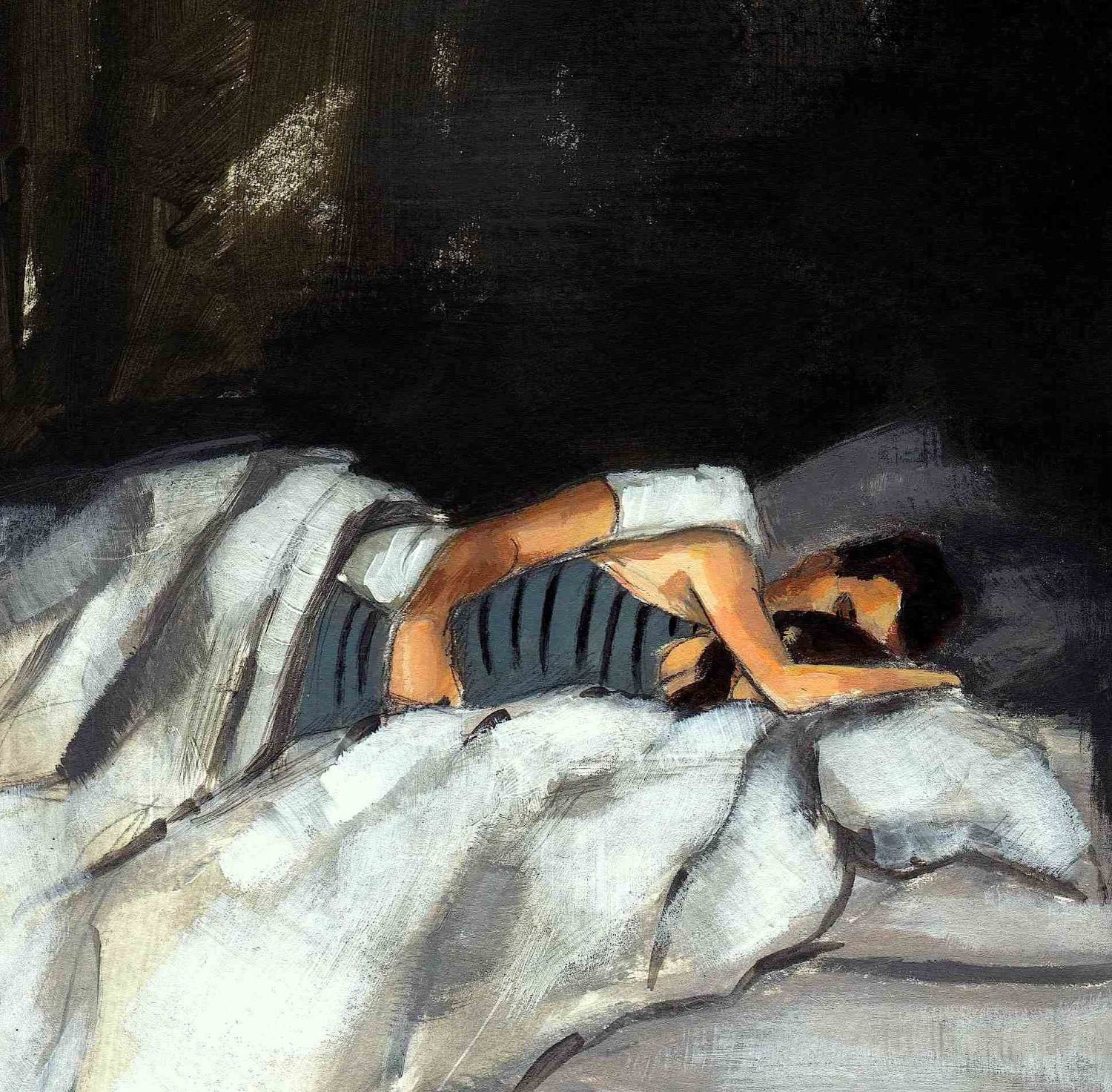 Striped Sleeper . large giclee art print of original couple in bed painting