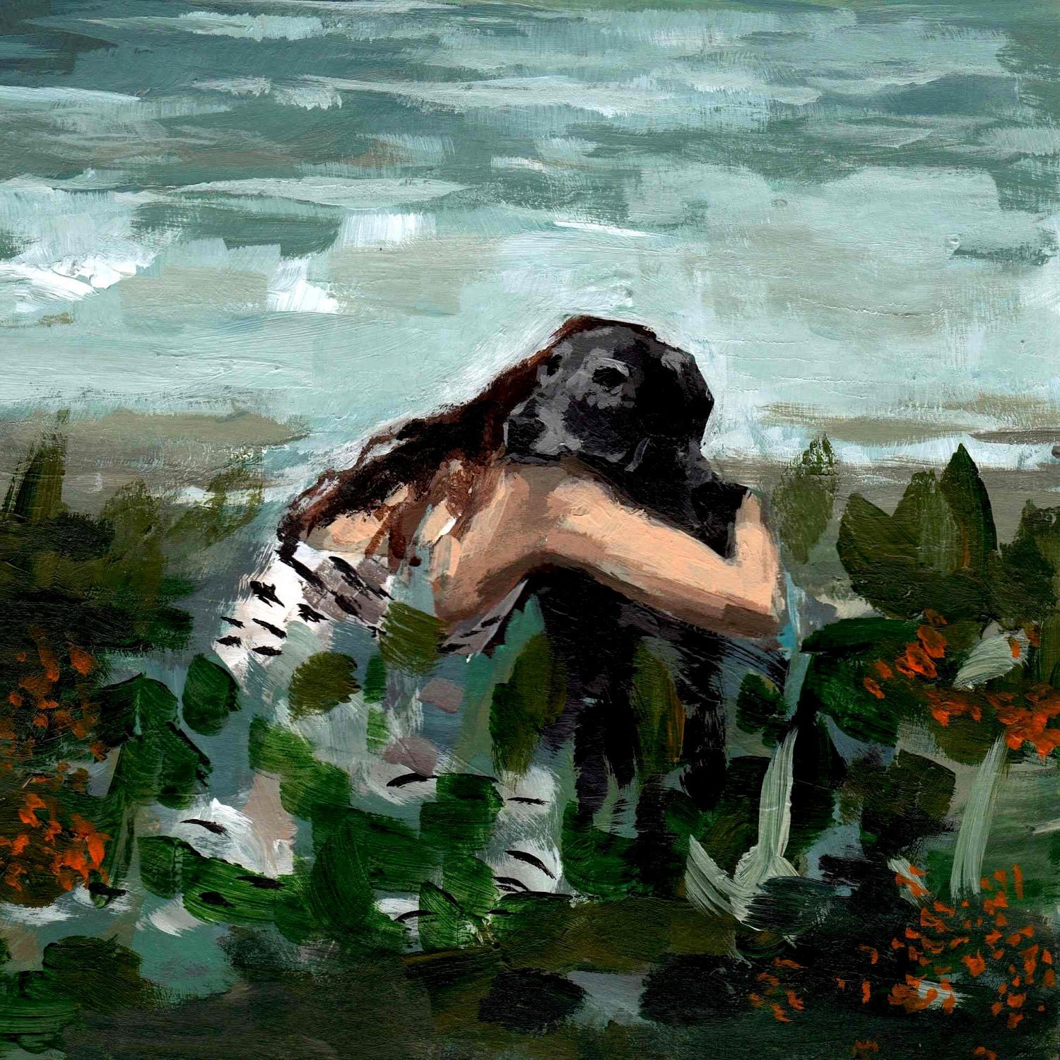 Lost and Found . large art print of girl with black lab