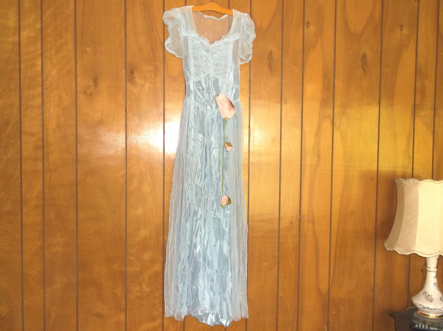 Vintage Baby Blue Shabby Worn Formal Dress with Roses . . . small size