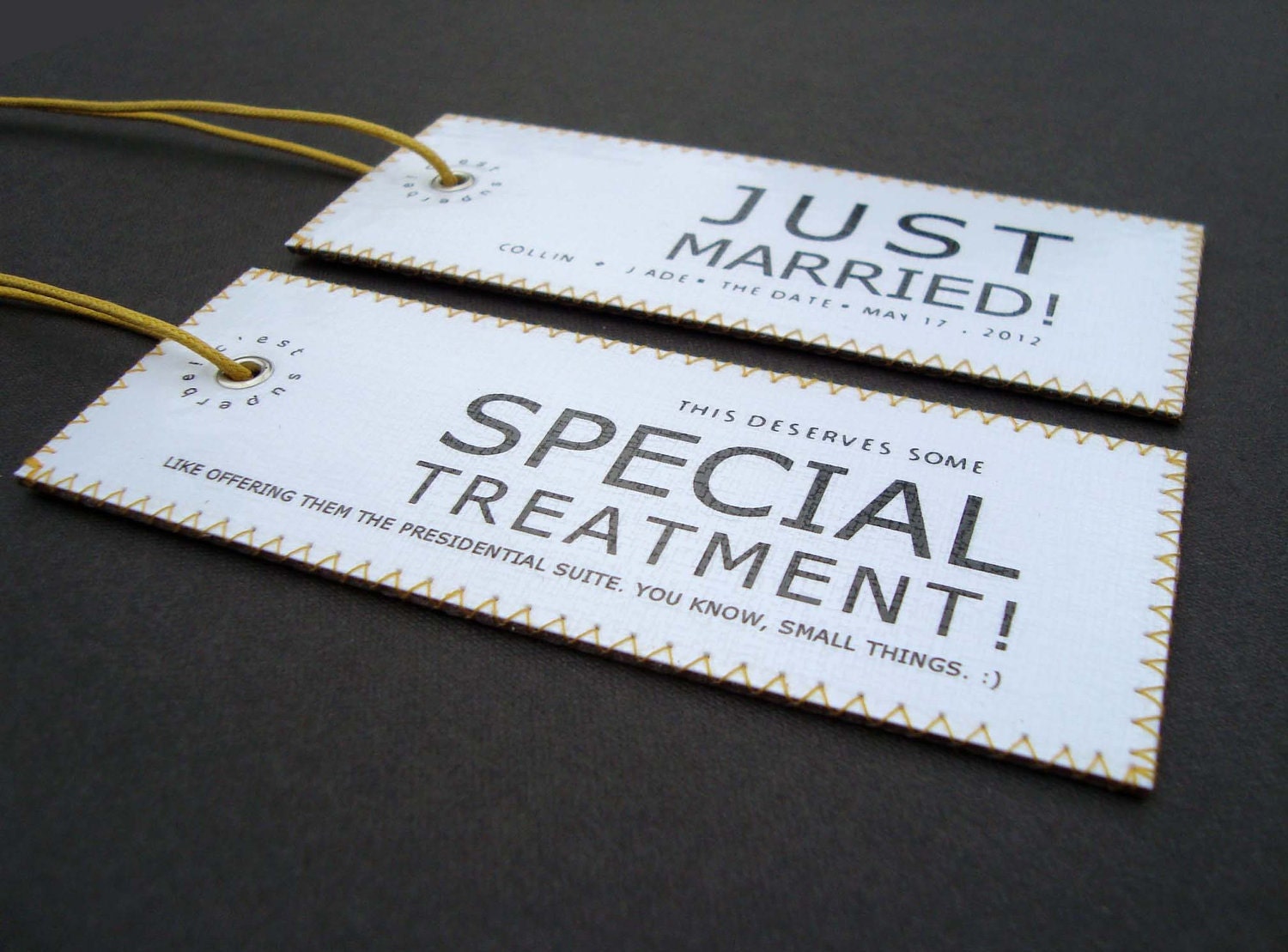 SET of 2 HONEYMOON luggage tags that are all about The Special. Leather back. Unique engagement gift.
