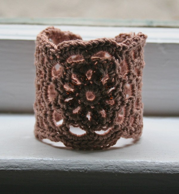 Tan  / Nude Colored Crocheted Cotton Lace Cuff / Wrist Band / Bracelet with Beads