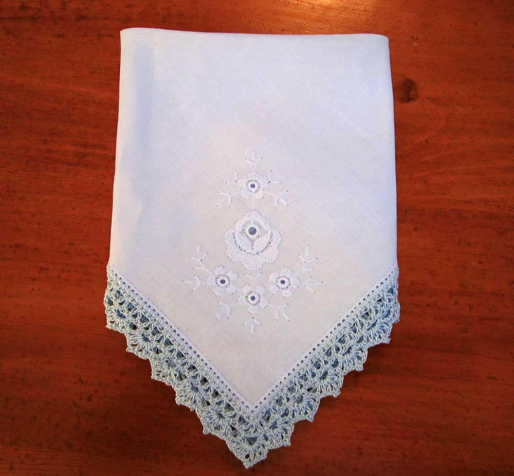 Something Blue Hand Crocheted Cotton Wedding Handkerchief
