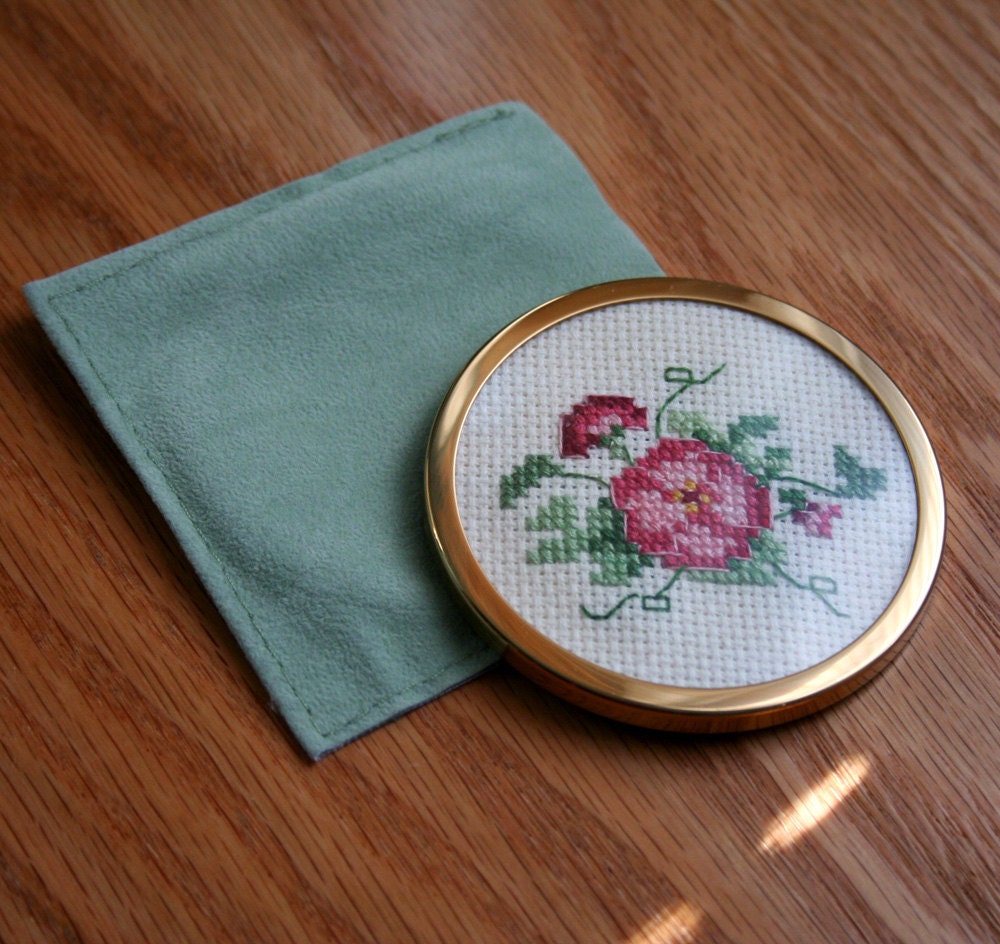 Vintage Inspired Embroidered Brass Pocket Book Makeup Mirror