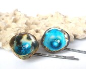Woman hair accessories Turquoise Hair pins One of a kind turquoise and brown ceramic jewelry hair pins
