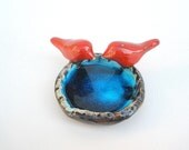 Wedding cake topper custom ceramic brown and turquoise  bowl with a pair of love  birds in a color of your choice Valentine Love