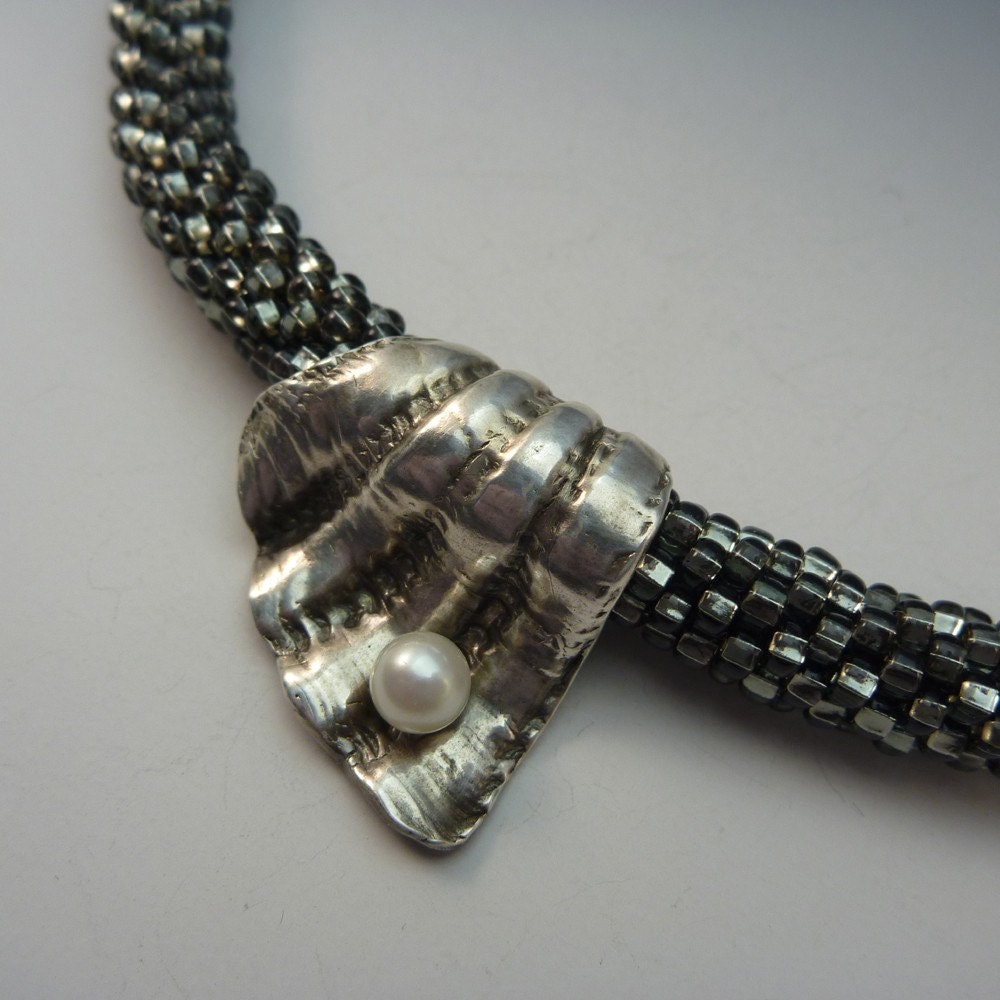 Pearl in a shell necklace - handmade art jewelry
