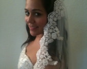 Bridal Lace Veil, Wedding  Mantilla with beaded lace edge, white or Ivory with silver, Ivory with gold thread around the flowers