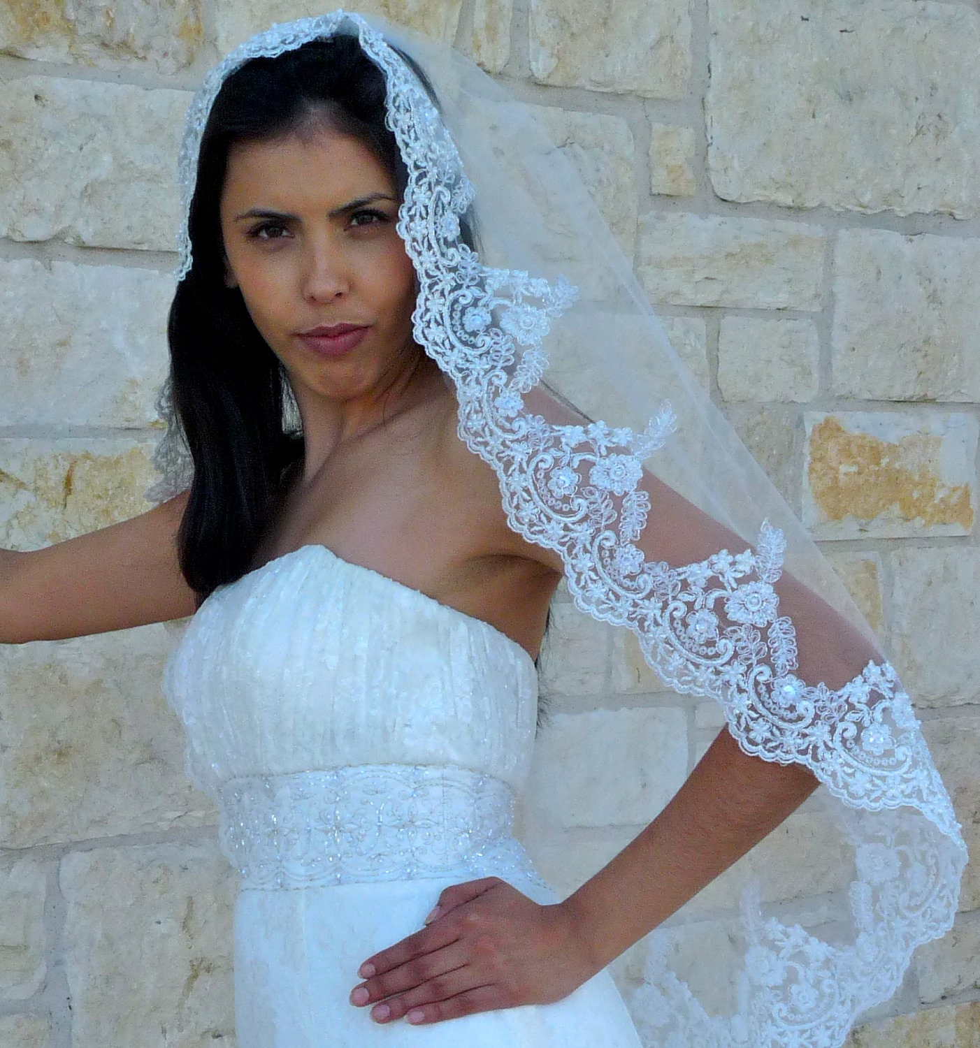 Beaded lace Bridal Veil  in White,  Ivory, Champagne