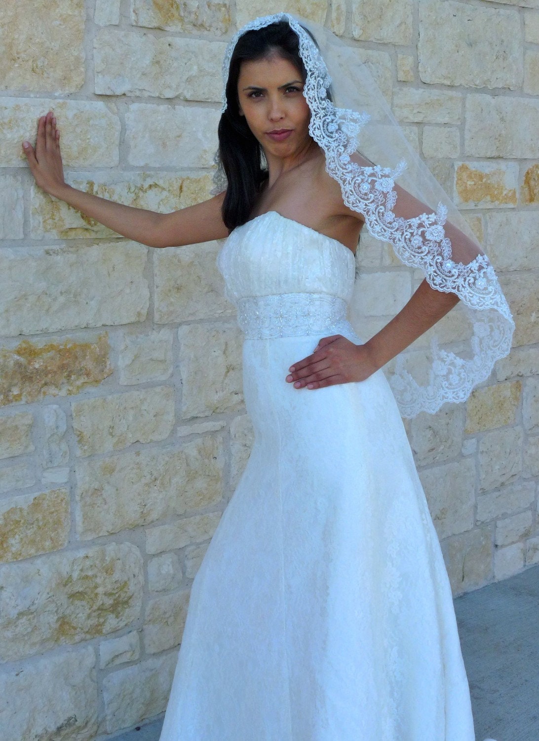 Bridal lace  veil with beaded scalloped edge, french mantilla style, Spain,  classic, white, ivory, champagne