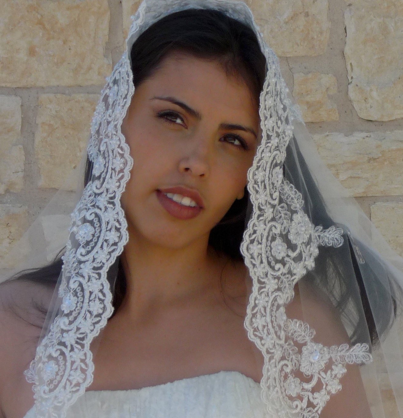 Cathedral Veil, Mantilla - Beaded Lace  SILVER thread