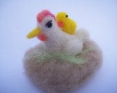 OOAK Springtime White Hen And Chick Needle Felted Soft Sculpture
