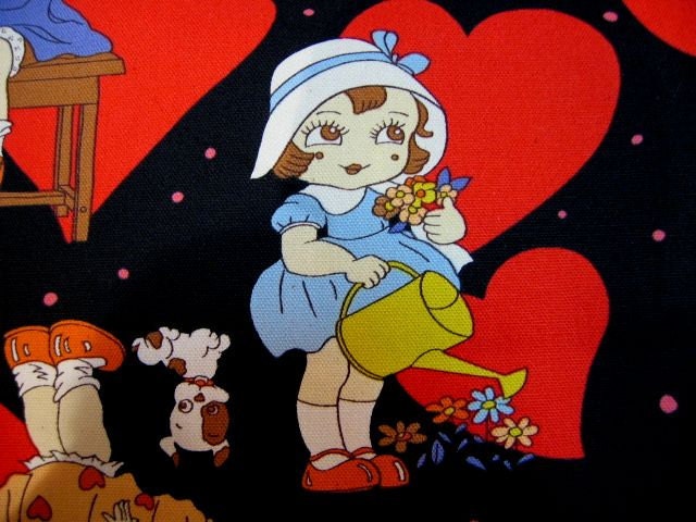 Japanese Cotton Print Fabric - Kokka, Half Yard - Retro Girls & Heart,  Black - NT19