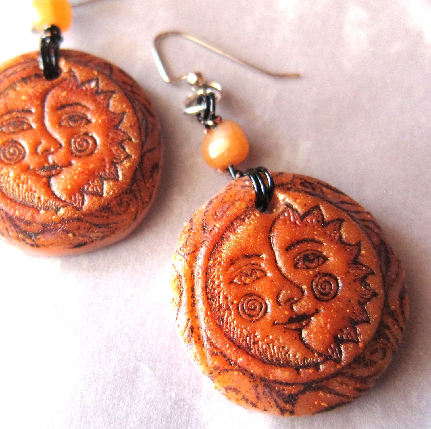 Celestial Sun Moon Earrings - Fiery Orange