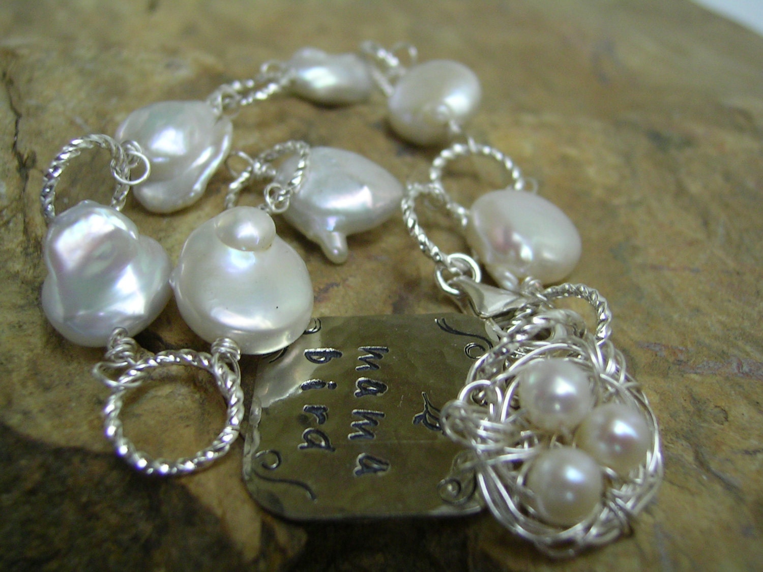 ON SALE Freshwater Coin Pearl Bracelet, Wire Wrapped Birds Nest,  Rustic Pearl, Mom Bracelet, Personalized