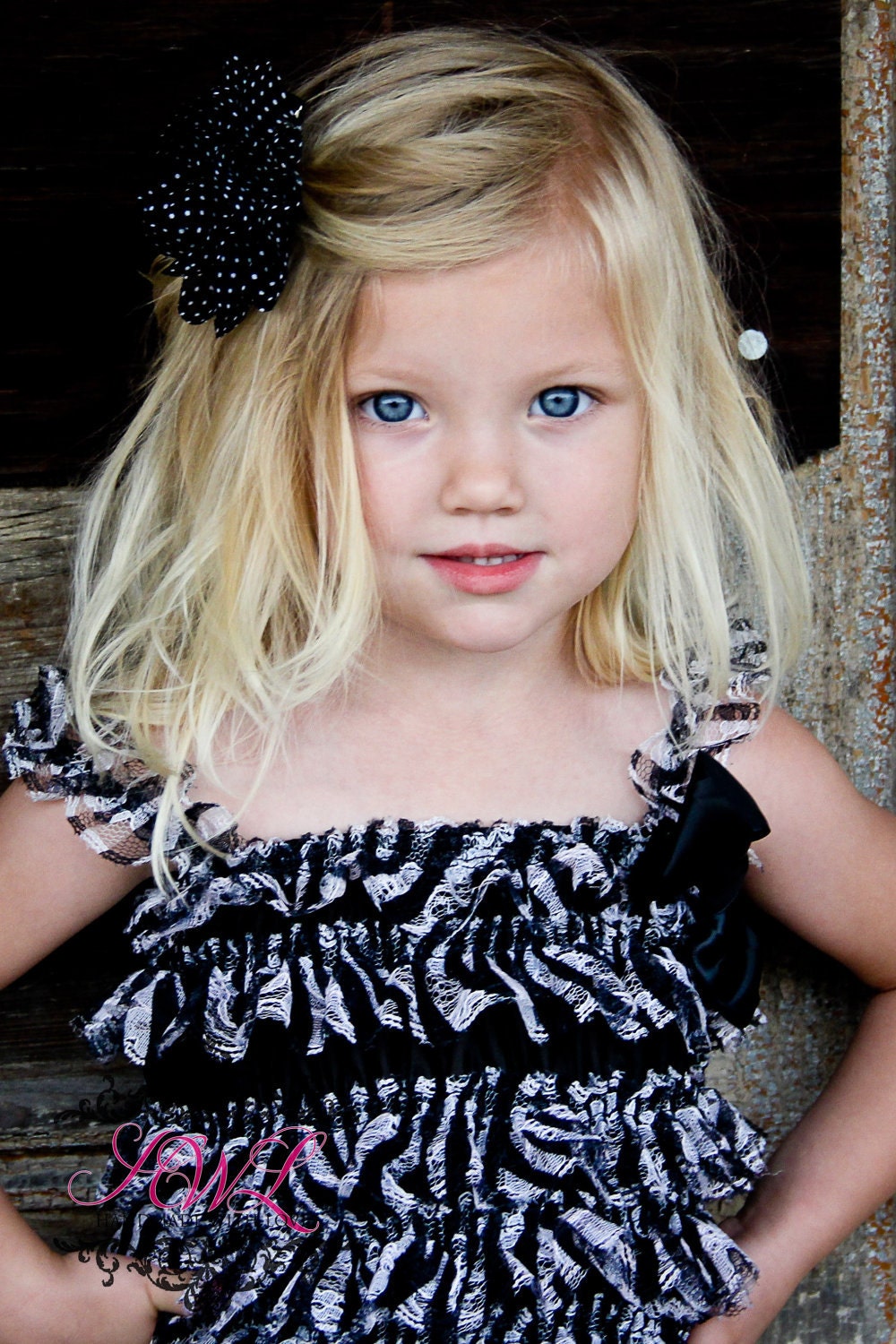 Black Chiffon with White POLKA Dots Flower Clip