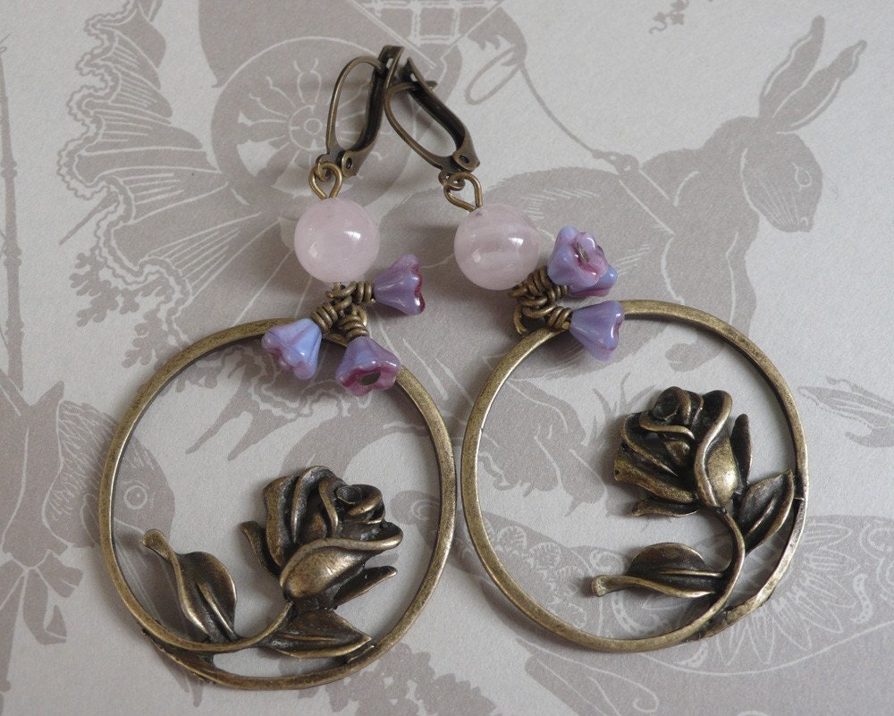 Rose Quartz and Bluebell Earrings on Brass