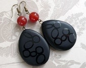 Black Agate Teardrops and Red Agate Earrings Hand Wrapped on Brass