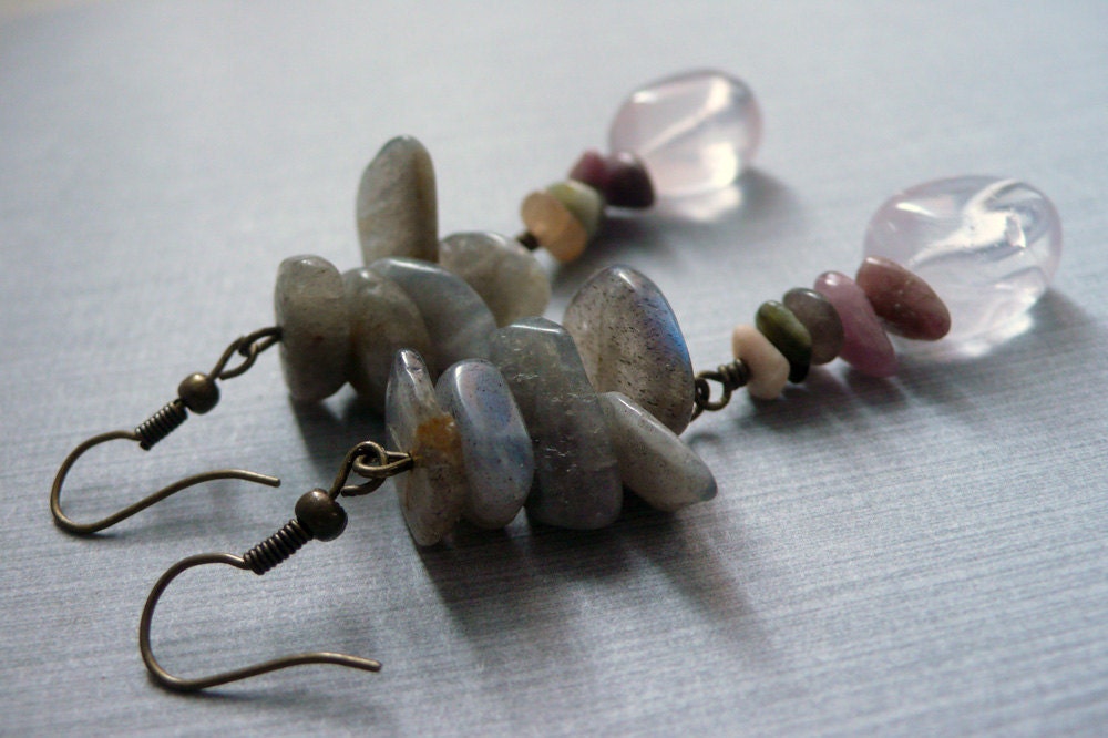 Rose Quartz and Labradorite Earrings Hand Wrapped on Brass