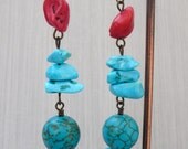 Tuquoise and Red Turquoise Earrings Hand Wrapped on Brass