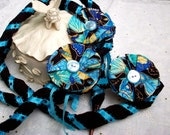 Handfasting Cord Black Turquoise w Fabric Flowers and Glass Butterflies