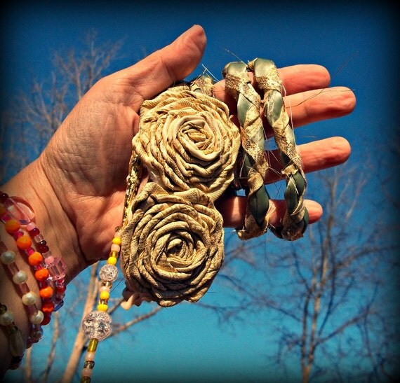 Handfasting Cord Golden Roses Made of Sari Fabric w Carved Bone Celtic Knots