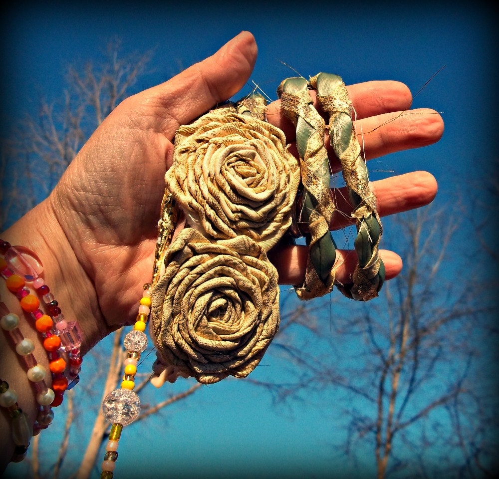 Handfasting Cord Golden Roses Made of Sari Fabric w Carved Bone Celtic Knots