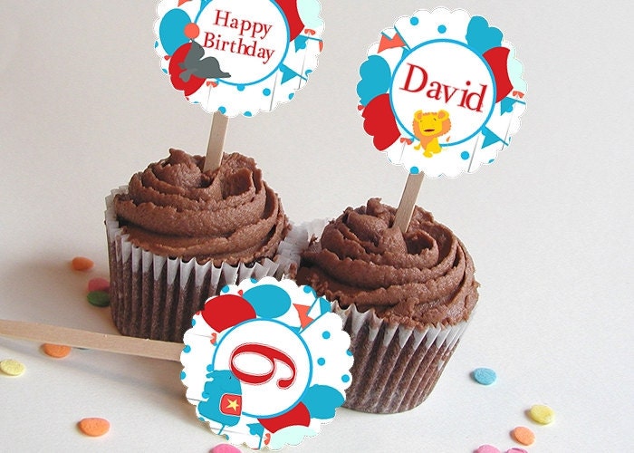 24 Cupcake Picks, Toppers, Birthday, Circus, Balloons, Red, Blue Il_170x135