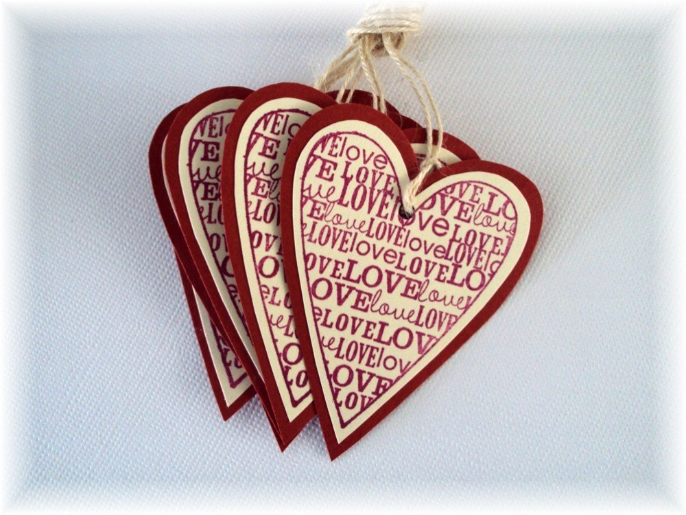 LOVE double layered cream and red heart shaped Gift TAGS set of 6